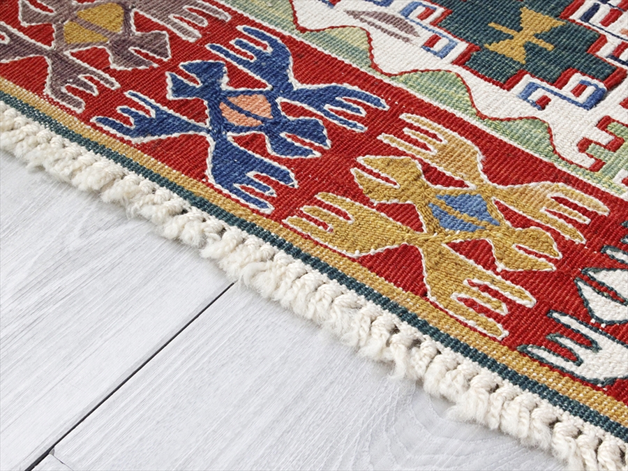 Turkish Kilim 手織りの草木染キリム・コンヤ88×67cm ヌズムラ・四角いドラゴンモチーフ