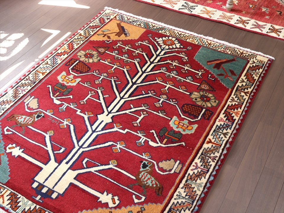 オールドギャッベ　141×109cm 生命の樹に咲く花と鳥　Old Gabbeh　部族絨毯