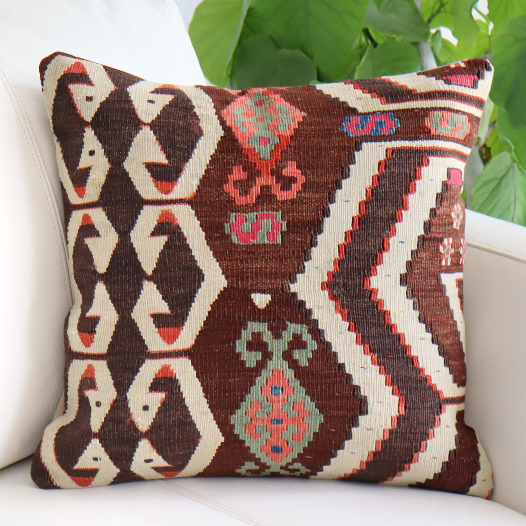 アンティークキリムクッションカバー 40cm・Old Turkish Kilim Cushion アイドゥンチネ/ローズピンク＆ブルー