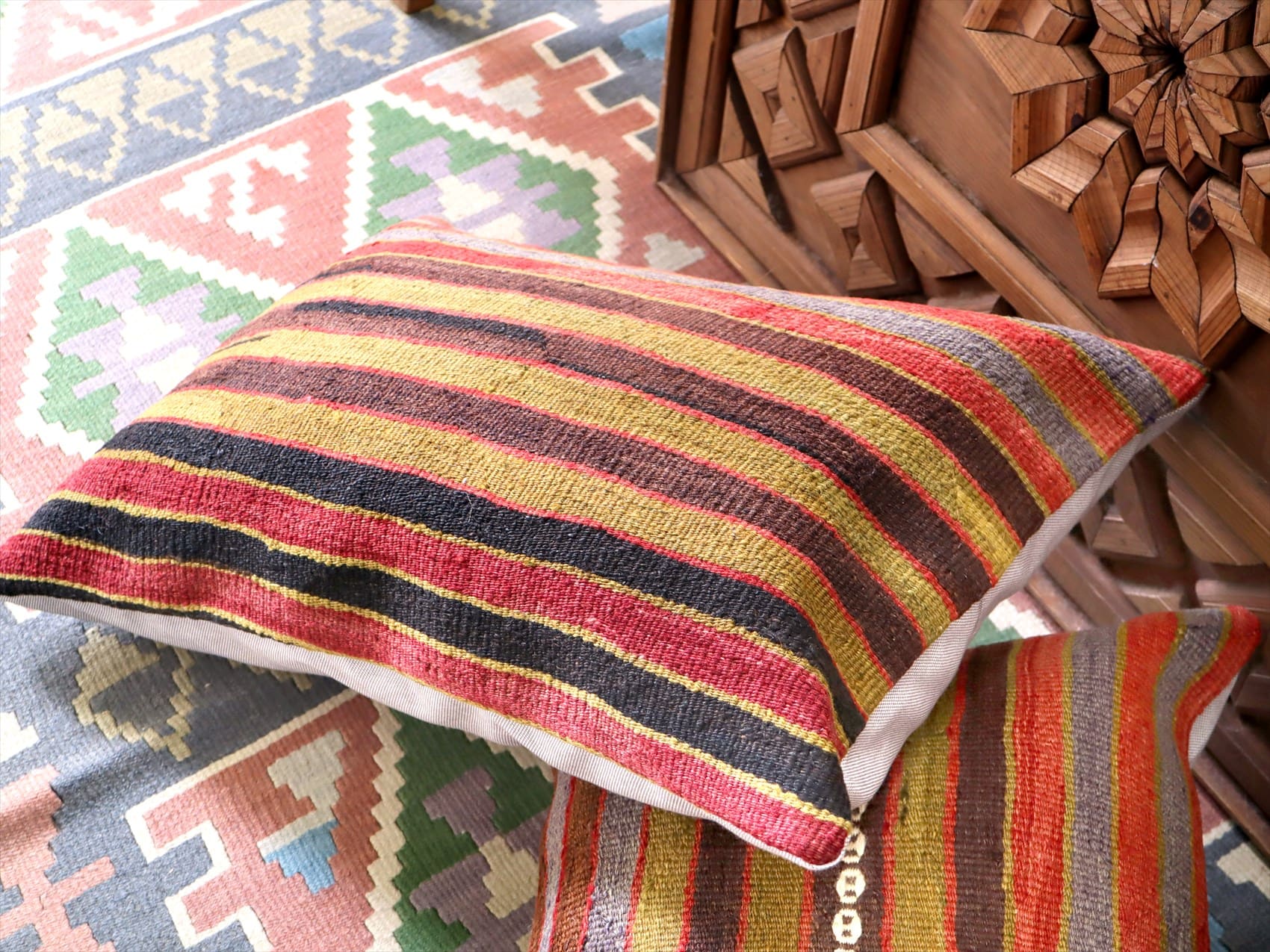 クッションカバー　オールドキリム　横長ピロー 60×40cm ボーダー ビッグピロー Turkish Old Kilim　Lumbar Pillow