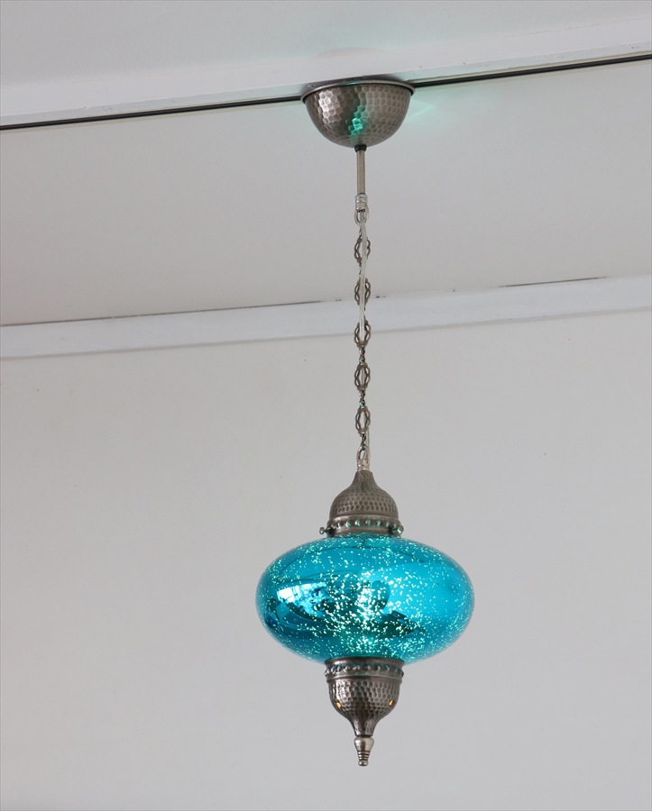 トルコランプ　アンティークフィニッシュ 直径24cm ビンテージミラーガラス 1灯ターコイズブルー E17 25W 白熱球付き