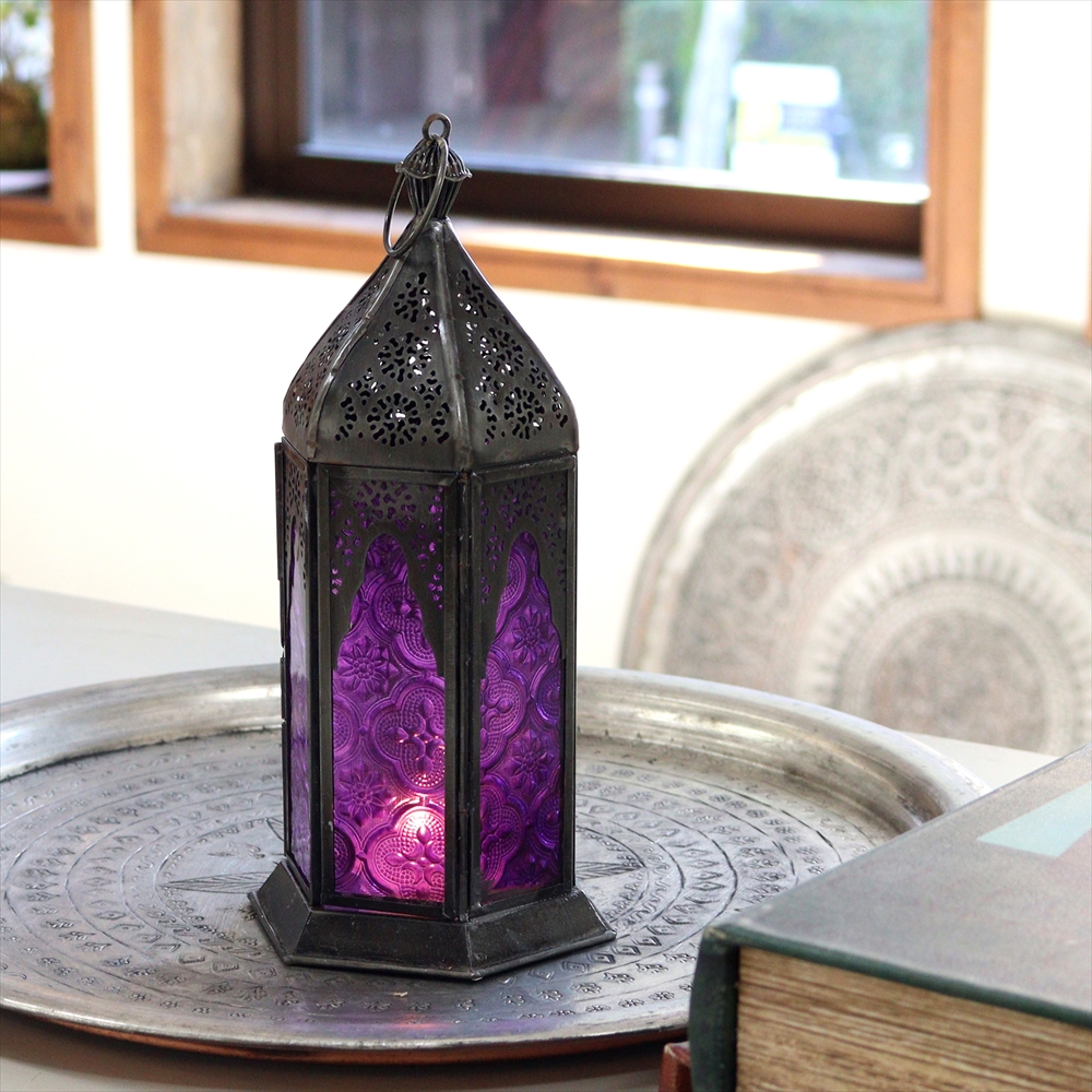 モロッコランタン・キャンドルホルダー　高さ24cm　カラーガラス6面のレリーフガラス　Morocco Lantern Candle holder　 パープル