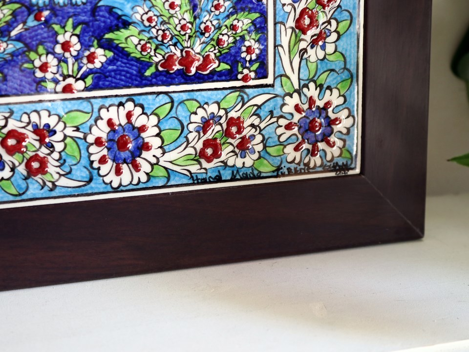 トルコ陶器 手書き6枚タイル H67×W45×D1.5cm プラムツリーとチューリップ ターコイズブルー/ネイビー Turkish Hand  Paint Tiles