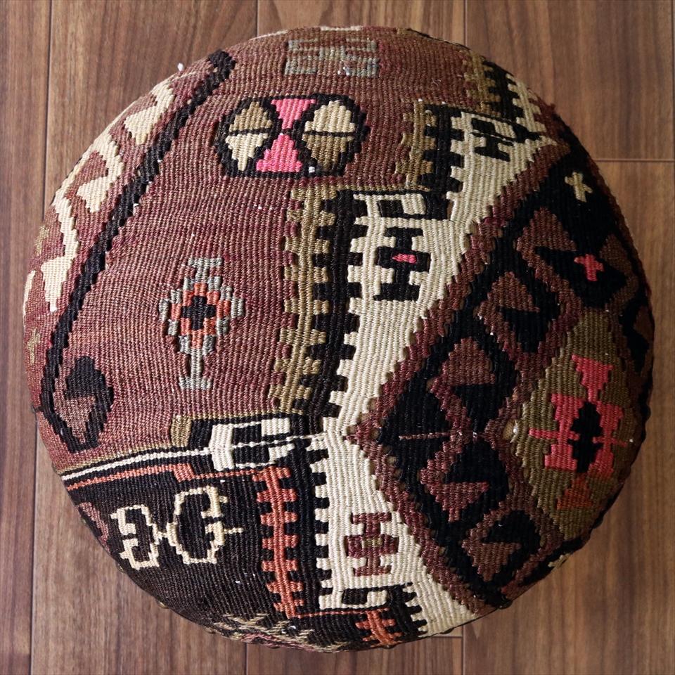 トルコオールドキリムスツール 直径35cm×H29cm ラウンドサイズ カルス キリム木製家具・スツール・オットマン old kilim stool  ottman wood furniture