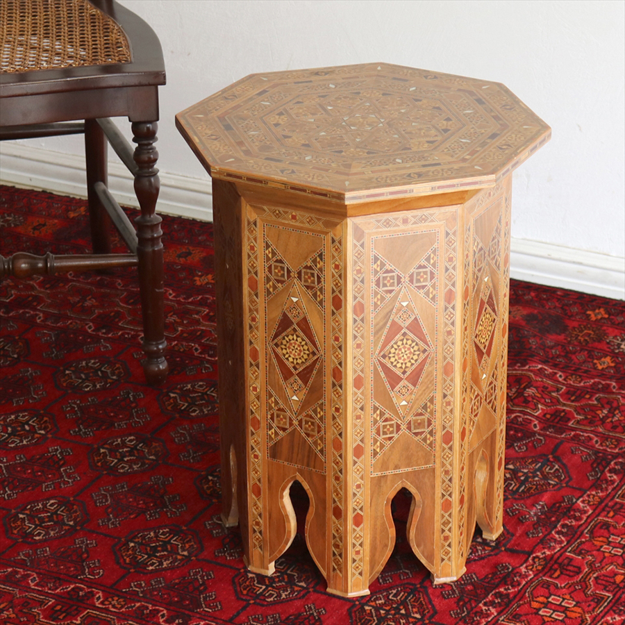 シリア製寄木細工の木製サイドテーブル W41xH50.5xD41cmSyrian Mosaic Furniture Octagon Table