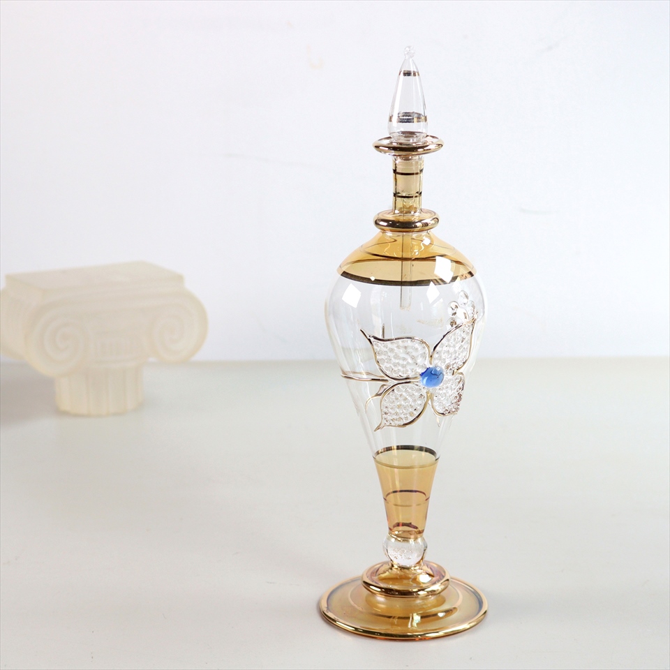 エジプト香水瓶・Egypt Purfume Bottles ガラス細工のレリーフ 25cm イエロー フラワーモチーフ 店舗良い